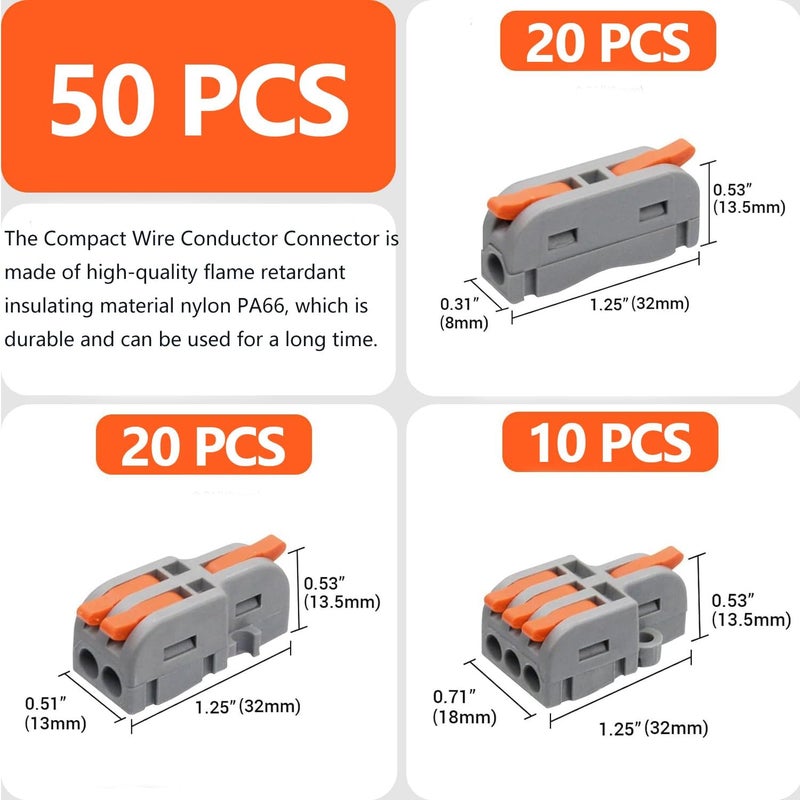 UOHGDPY Lever Wire Connectors, 50 PCS, 28-12 AWG, 1-in/3-out Splitter, Orange and Grey, 600V Rated - Image 2